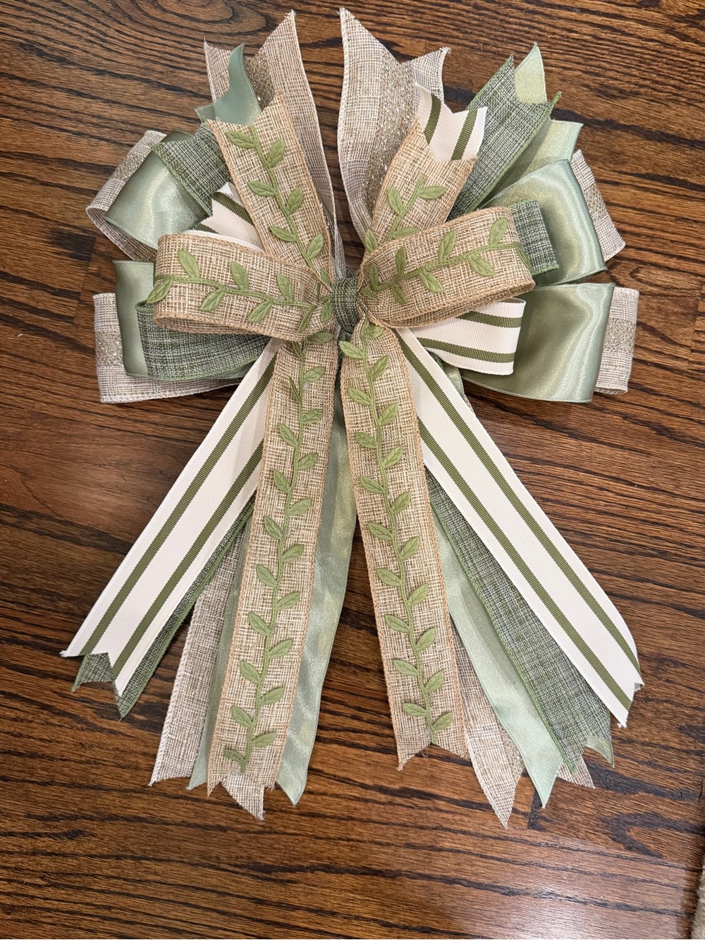 Neutral Green & Cream Layered Holiday Bow - Home Holiday Wreath Accent